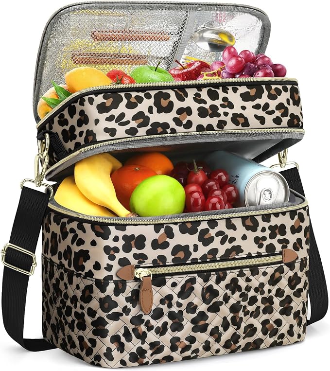 Capolo Lunch Box for Women Men Adults,Double Deck Insulated Lunch Bag Leakproof Lunch Cooler Box with Removable Strap Lunch Tote Bags Reusable Thermal Lunchbox for Work Picnic(Large,Leopard)