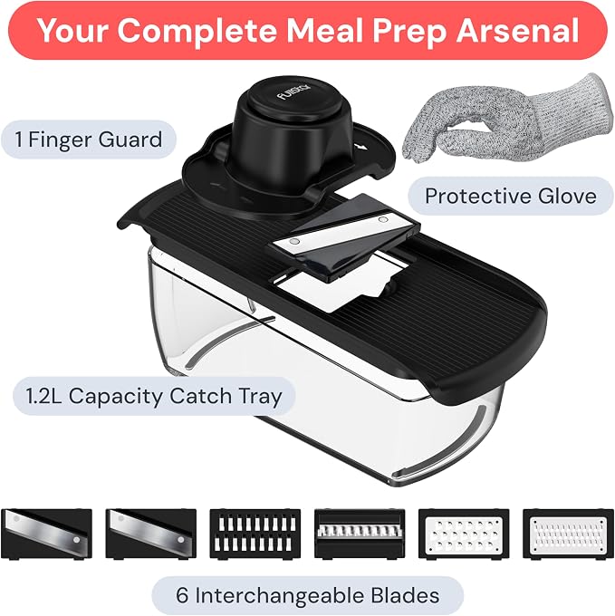 Fullstar Mandoline Slicer for Kitchen, Fruit Cutter, Cheese Grater, Cucumber Slicer, Veggie Spiralizer, Food Cutter & Kitchen Gadgets & Gifts with Safety Glove (6 in 1, Black)