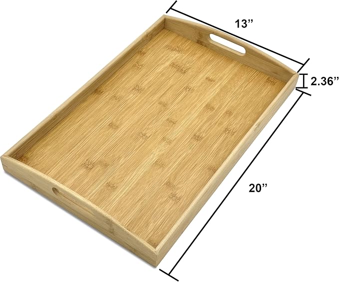 Bam & Boo Natural Bamboo Serving Tray Extra Large Rectangular with Handles for Food, Drinks, Storage, Decor, Vanity, Breakfast, Parties, Weddings, Picnics(20” x 13” x 2.35”, Natural)