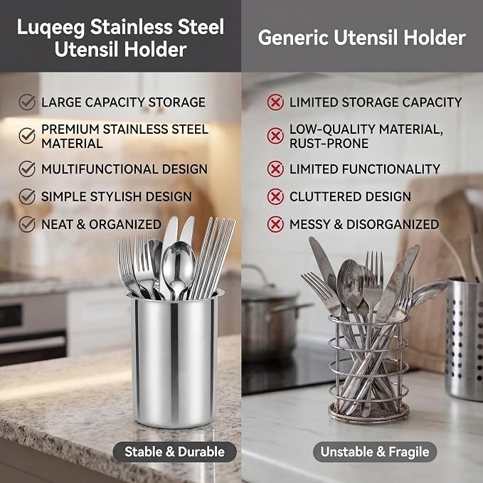 Luqeeg Stainless Steel Utensil Holder, Large Capacity Cutlery Storage, Flatware Cylinder with Simple Stylish Design for Countertop Kitchen Table Dining Table (Without Holes)