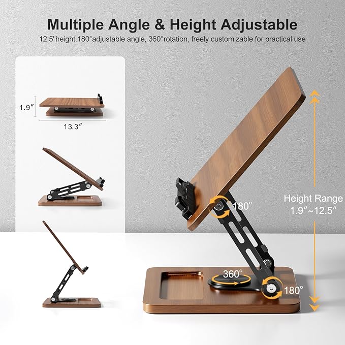 OPTIXCELL Book Stand for Reading, 360° Rotating Hands Free Book Holder, Adjustable Height and Angle, Page Clip for Cookbook, Recipe, Magazine, Laptop,Tablet, Foldable for Kitchen, Office, School