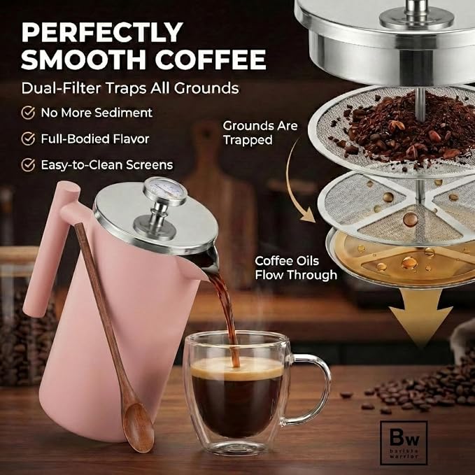 Barista Warrior French Press Coffee Maker - Double-Wall Stainless Steel Insulated French Press with Built-In Thermometer, Dual Filters Coffee Maker with Wooden Spoon - Pink