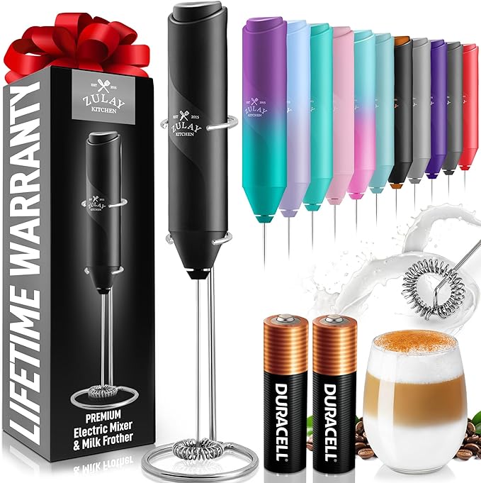 Zulay Kitchen Powerful Milk Frother AA Batteries Included – Ultra Fast Handheld Drink Mixer with Stainless Steel Whisk Stirrer for Coffee, Protein, Matcha & More, Frother Wand Electric Frothmate
