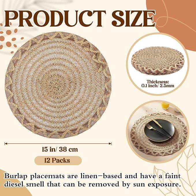 12 Set 15 Inch Round Burlap Placemat Openwork Boho Jute Woven Charger Rustic Vintage Natural Brown Heat Resistant Dining Table Mat for Wedding Farmhouse Craft Home Summer Birthday Party Decor