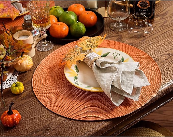 AHHFSMEI Round Placemats Set of 4 Heat Resistant Washable Non-Slip Woven Braided Table Mats for Dining Table Kitchen & Home Decor (Orange, 4)