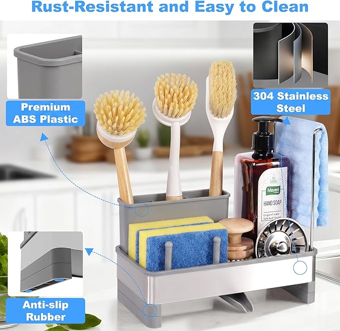 Kitchen Sink Caddy Organizer, Stainless Steel Sponge Holder, Kitchen Caddy Sink Organizer with Dish Brush Holder and Dishcloth Rack, Rustproof Dish Sponge Drying Rack for Countertop Storage