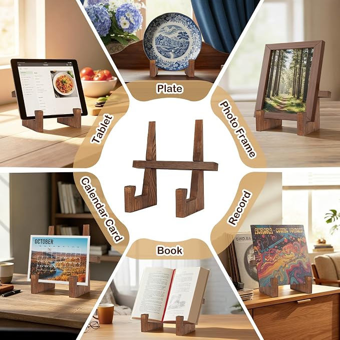 comfoyar Cookbook Stand for Kitchen Counter, Wooden Recipe Cook Book Holder, Rustic Brown Plate Display Stand, Picture Frame Holder for Dish Photo Plaque, Decorative Table Top Easels
