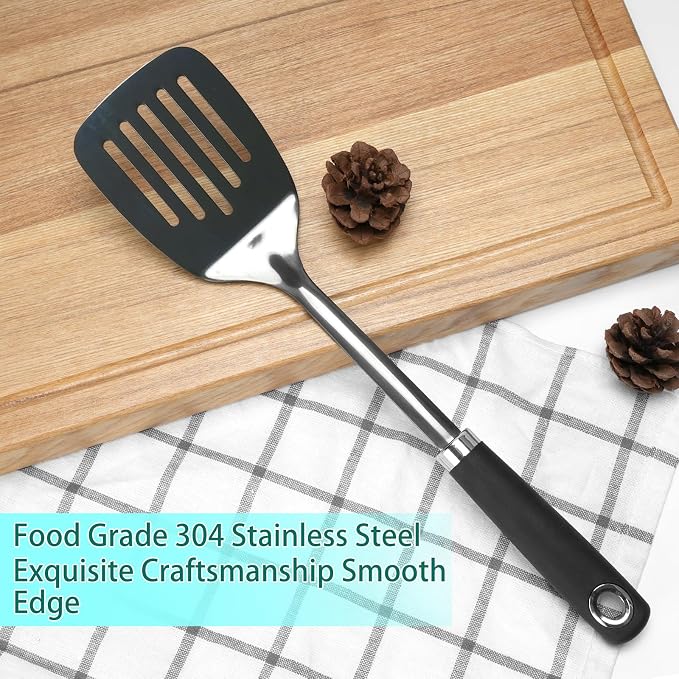 Black Stainless Steel Slotted Turner Spatula, Metal Spatula for Cast Iron & Stainless Steel Pans, Kitchen Turner for Eggs, Burgers, Dishwasher Safe