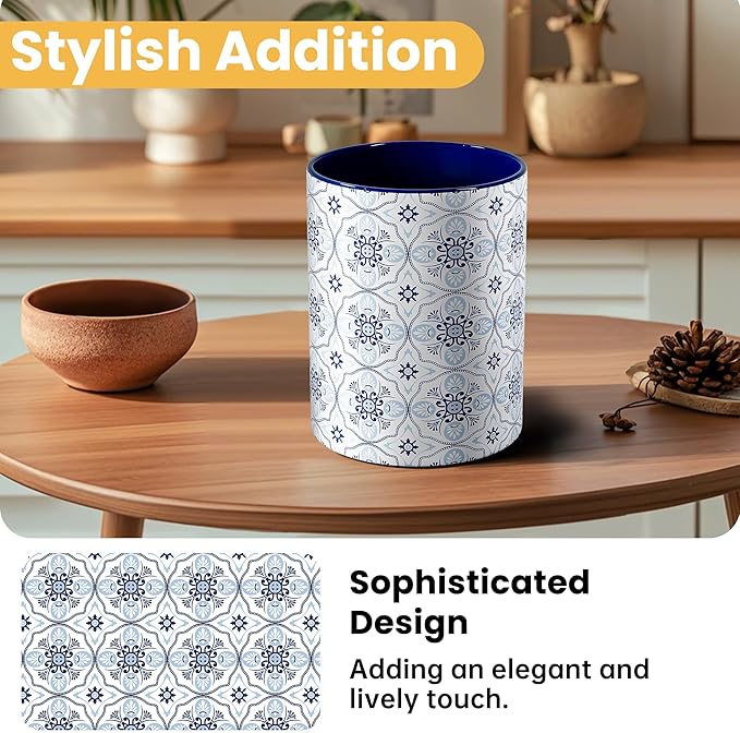 Ceramic Kitchen Utensil Holder for Countertop, Embossed Pattern Crock with Kiln-Fired Finish, Counter Organizer for Cooking Tools , ,Navy Blue