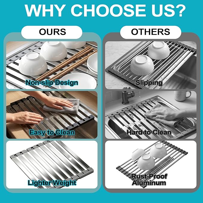 Aluminum Dish Drying Rack, 17.7" x 13.4", Foldable, Rust-Proof, Non-Slip Silicone Base, Over Sink, Gray