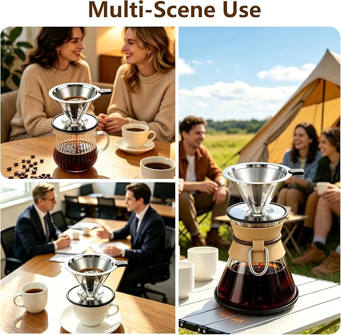 Stainless Steel Pour Over Coffee Dripper, Reusable Coffee Filter with 800 Mesh Double Micro-Mesh Strainer, Paperless Coffee Maker with Heat-Resistant Silicone Handle & Base for 1-2 Cup, Home Camping