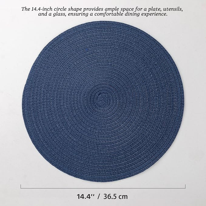 Round Placemats Set of 12 Woven Placemats Washable Braided Table Mats for Dining Table Heat Resistant Non-Slip Circle Place Mats(Navy Blue)