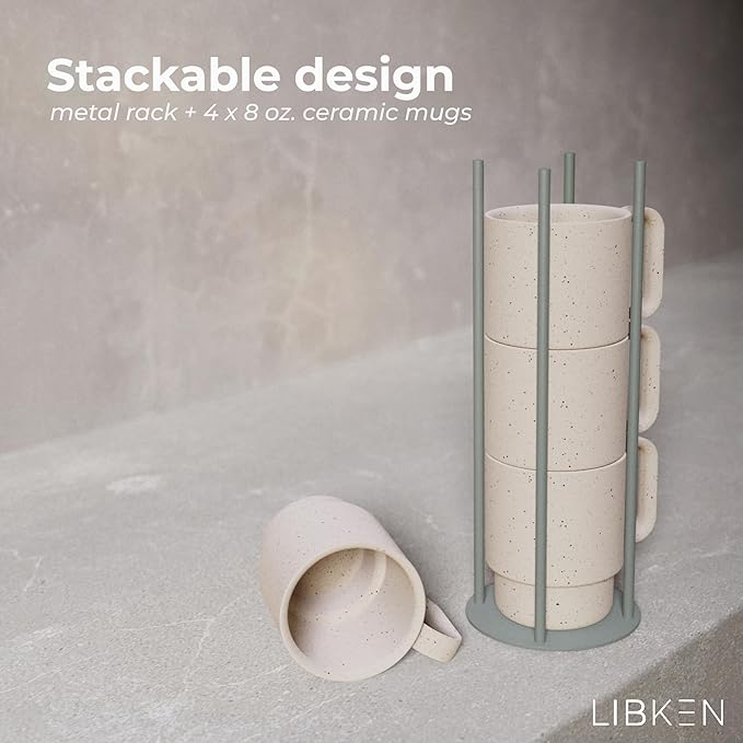 LIBKEN Stackable Coffee Mug Set with Green Stand Rack 4x8oz Ceramic Mugs with Unique Sprinkled Optics - Powder Coated Metal Rack for Space Saving Storage - Dishwasher-Safe - Microwave & Oven Use