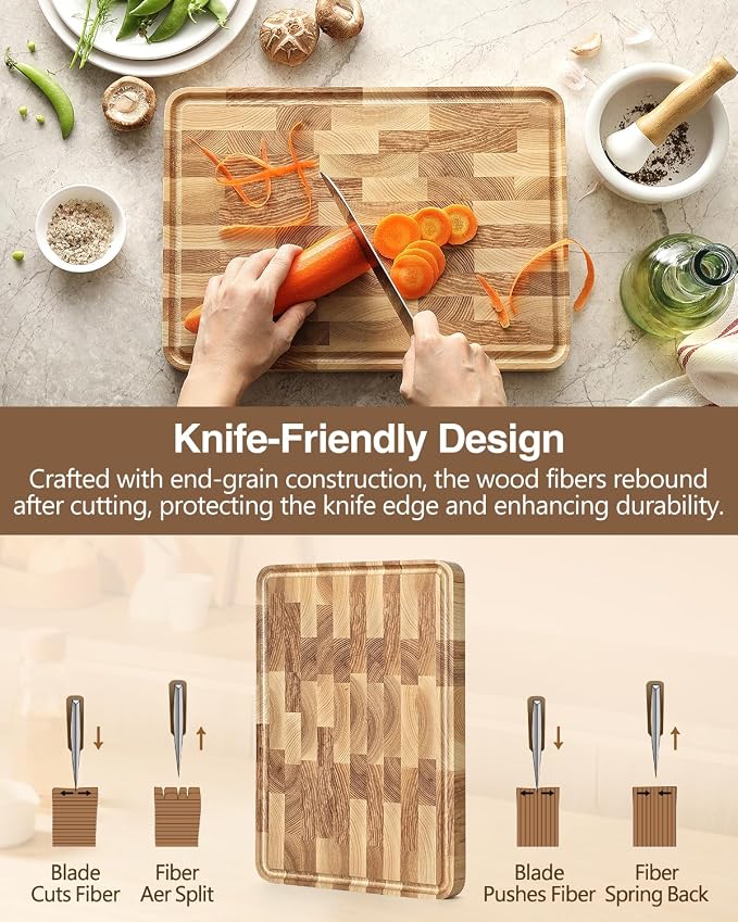 XINZUO Ash Wood Cutting Board, End Grain Butcher Block for Kitchen, 13.8" x 9.8" x 1", Thick Wooden Chopping Board with Juice Groove, Non-Slip Feet & Side Handles