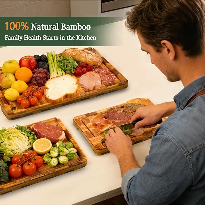 Bamboo Cutting Board Set of 3 with Stand, Checkered End Grain Cutting Boards for Kitchen with Deep Juice Grooves for Meat, Cheese, Charcuterie and Kitchen Prep