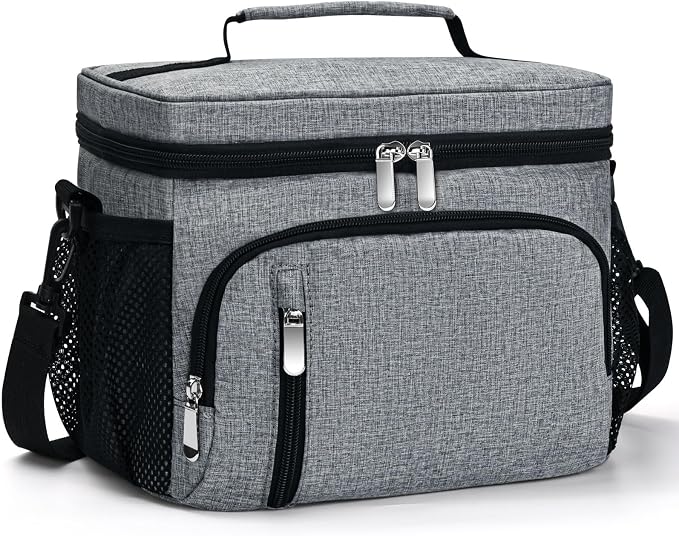 Insulated Lunch Bag for Men & Women, 9L Leakproof Lunch Box Soft Cooler Tote with 5 Pockets, 600D Oxford, EVA Lining, Adjustable Strap for Work, Picnic, Beach&Travel-Grey