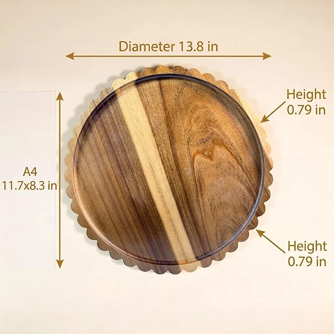 Wooden Decorative Tray,13.8 Inch Round Acacia Scalloped Tray for Coffee Table Decor,Bandeja de Madera para Decoración for Kitchen, Dining Room, Living Room and Home Decor