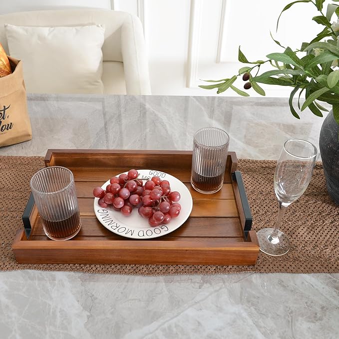 17" x 11" Acacia Wood Serving Tray with Black Iron Handle. Coffee, Decorative, Whiskey, Wooden Tray for Kitchen, Living Room, Bedroom Entryway, Hallway - Rustic Tray (Brown)