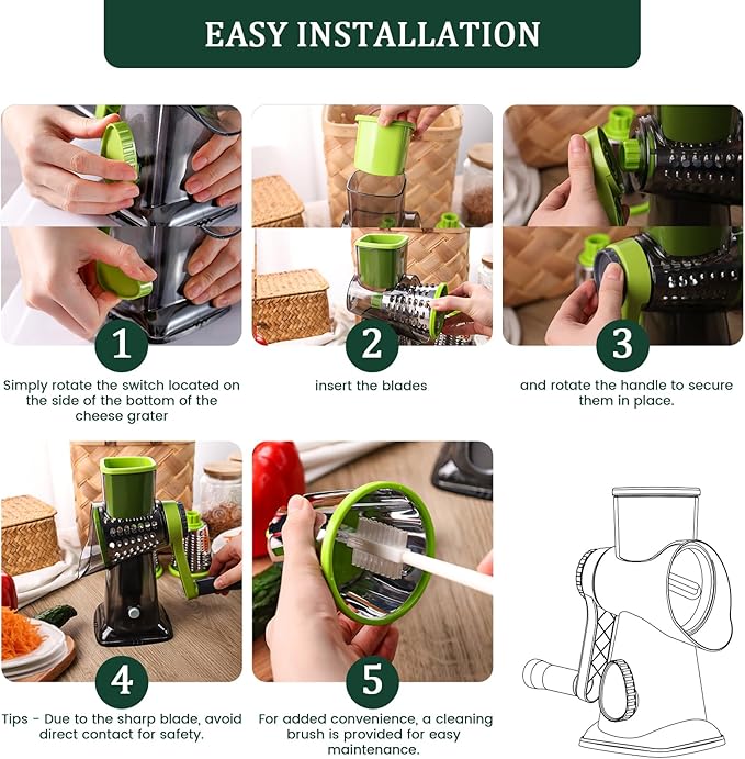 HANSGO Rotary Cheese Grater, 3 Stainless Steel Blades, Labor-Saving Handle, Strong Suction Base, for Cheese, Vegetables, Nuts, Chocolate & Fruits, Ideal for Family Meals, Salads, Pasta & Easy Cleanup