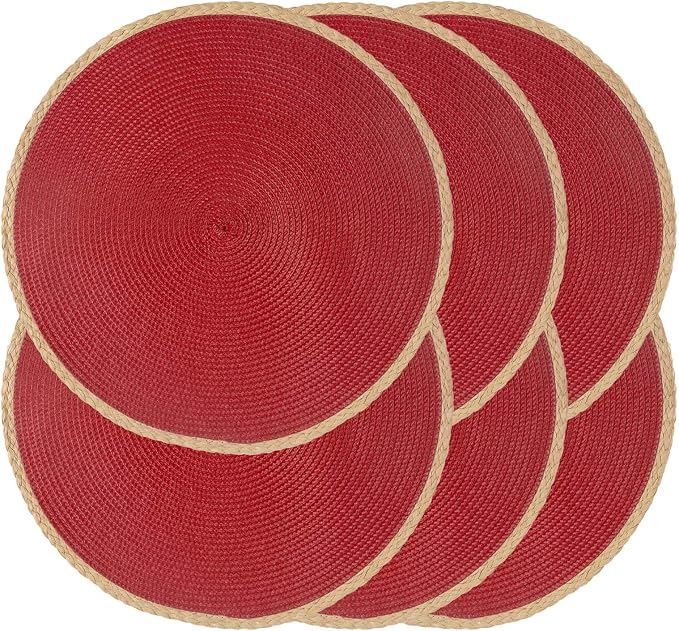 Noctiflorous Braided Round Placemats Set of 6, 15 Inch Woven Table Mats, Non-Slip Washable Thin Edge Place Mats for Kitchen Dining Table Decor (Red, 6)