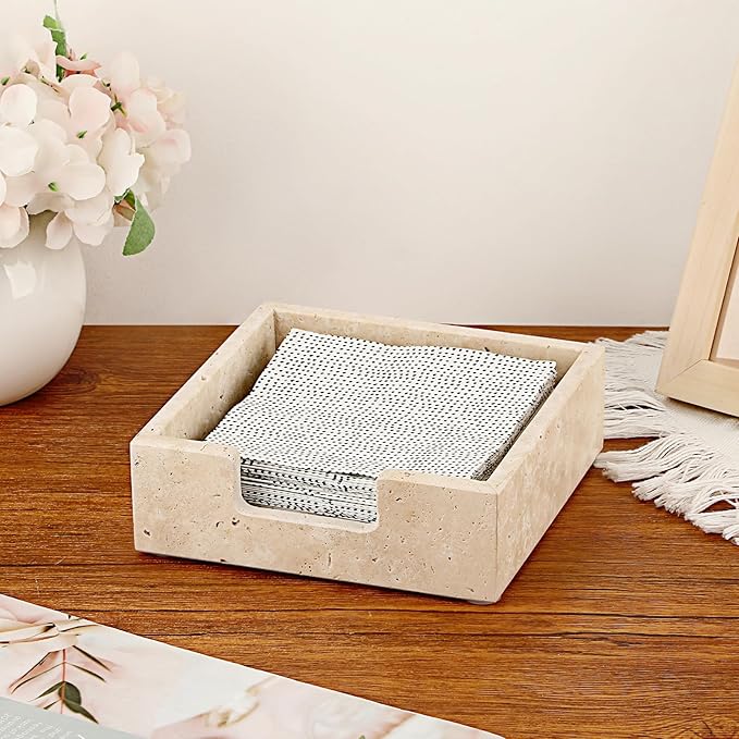 Sumnacon Travertine Cocktail Napkin Holder for Table, 6.2" x 6.2", Square Napkin Holders Small Napkin Tray, Flat Modern Napkin Dispenser for Kitchen, Countertop, Dining Table, Party, Bar