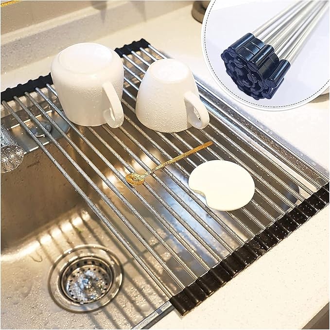 Roll up Dish Drying Rack Over The Sink Portable Stainless Still Rolling Rack Folding Mat for Kitchen Counter (Black, 17.7''LX11.8''W)