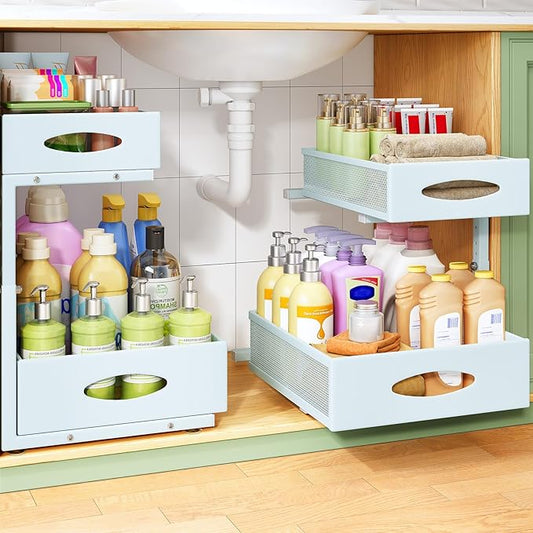 Under Sink Organizer, 1-Pack Pull Out Cabinet Organizer 2 Tier Metal Slide Out Storage Shelf Rack, L-Shaped Adjustable Height,Mesh Sliding Drawer for Kitchen, Bathroom, Laundry, Pantry, Blue, XL