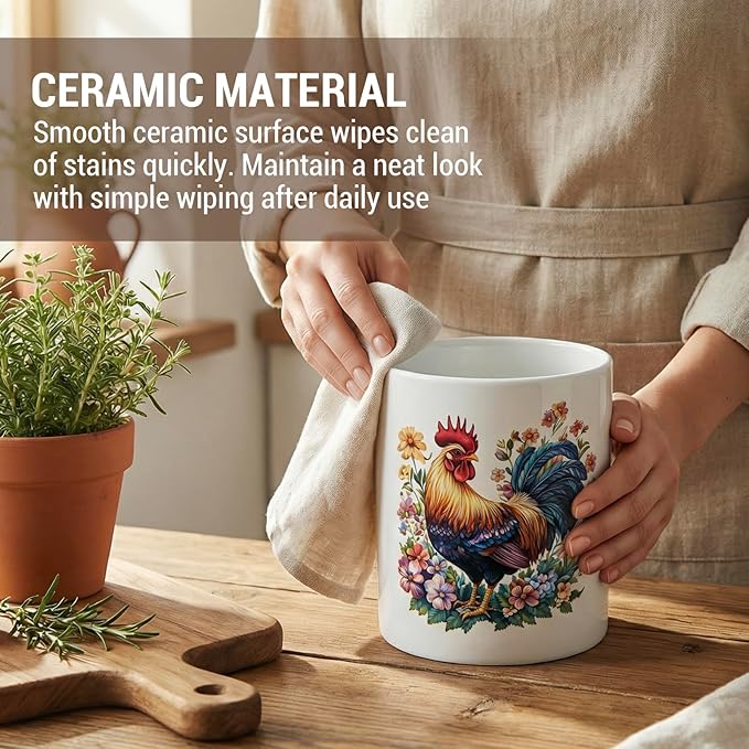 MyGift Farmhouse Rooster Floral Ceramic Kitchen Utensil Holder – Decorative Crock for Cooking Utensils, Flatware, and Countertop Storage