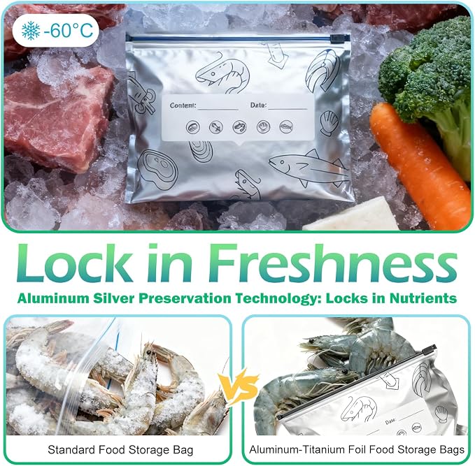90PCS Reusable Aluminum Foil Sealable Storage Bags, Upgrade Vacuum Zipper Pouches for Food, Stand Up Foil Sealable Bags with a Stand-Up Bottom Design Preservations Bags for Vegetable Fruit Meat (90)