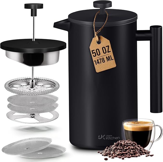 Utopia Kitchen 304 Grade Stainless Steel French Press 50 Oz, Black | Double Wall Insulated Coffee Press with 4-Level Filtration System, Include 2 Extra Filters, Rust-Free, Dishwasher Safe