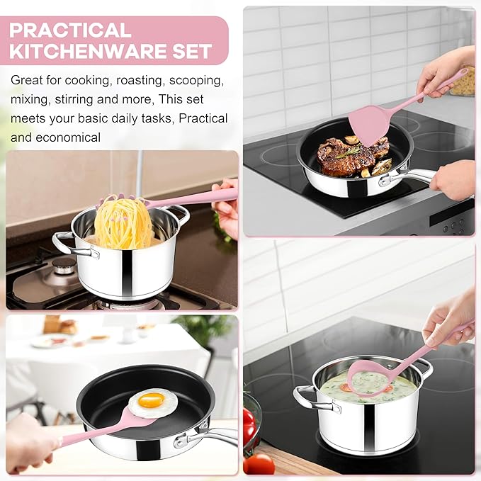TeamFar 8 PCS Silicone Cooking Utensils - 446°F Heat Resistant Kitchen Silicon Utensils Set, Turner, Spatula, Spoon, Whisk, Kitchen Cooking Gadgets Tools for Nonstick Cookware, Dishwasher Safe-Pink