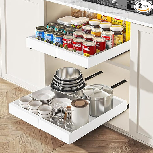 2 Pack Expandable Pull Out Cabinet Organizer, Slide Out Cabinet Shelves with 3 Quiet Rails, Nano Adhesive No Drill Roll Out Drawers for Kitchen, Pantry, Bathroom, 12.6"-20.4" W x 21" D, White