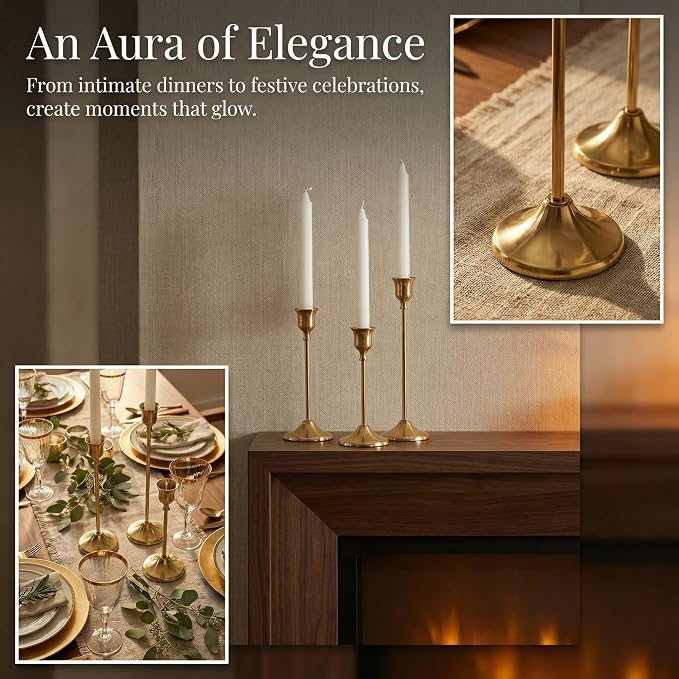 4 Sets(12 Pcs) Brass Tapered Candle Holder,Candlestick Tall Metal Candlestick Holders for Table Centerpiece Home Decor for Wedding Fireplace Mantel Housewarming Gift Fits 3/4 Inch Thick Candles