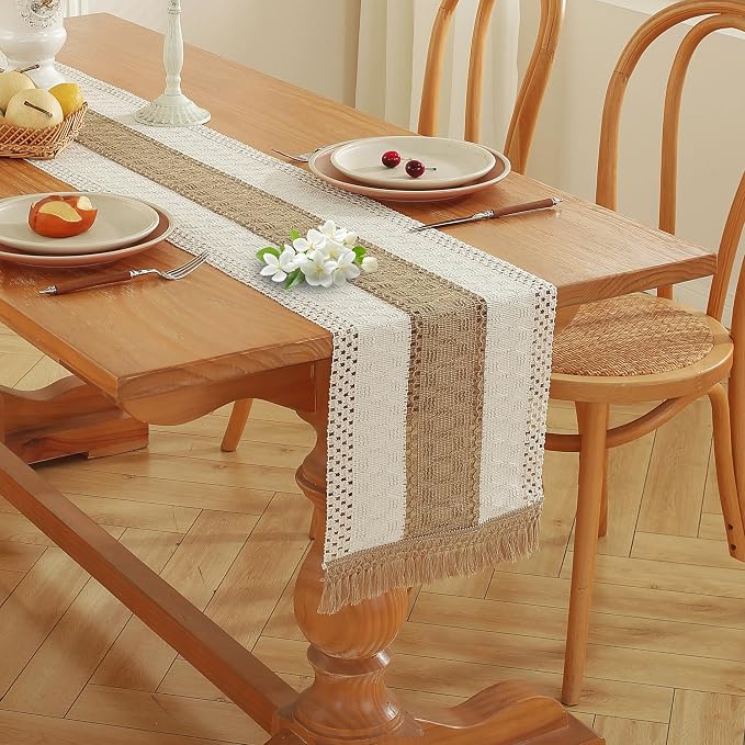 Niviy Boho Table Runner for Brown White Tassel Home Decor 90 Inches Long, Modern Farmhouse Decor Rustic Macrame Cotton Linen Woven Coffee Table Runners for Dining Table Decoration