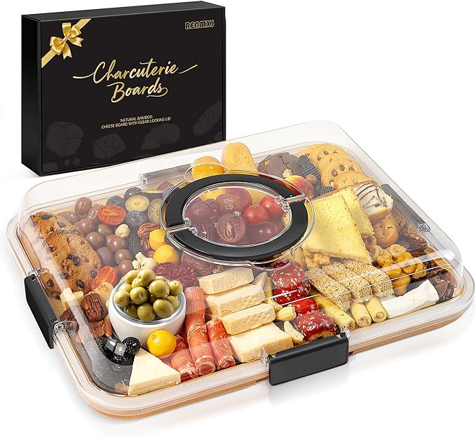Renmxj Charcuterie Board with Clear Lid, Travel Portable Cheese Board Charcuterie Boxes Cutting Boards for Kitchen, House Warming Gifts New Home, Gifts for Women (Black, 6 Compartments)
