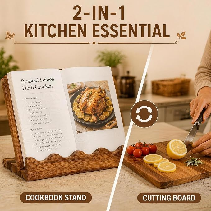 Wooden Cookbook Stand with Wave Edge Detachable Cutting Board Recipe Book Holder for Kitchen Countertop