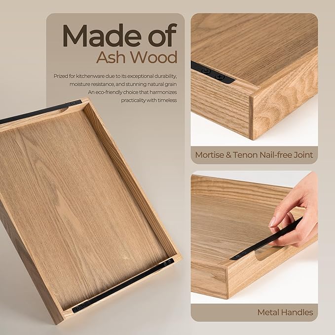 Axeman Wooden Serving Tray with Metal Handles|Ottoman Tray for Breakfast, Bed, Couch|17x13in Ash Wood Coffee Table Trays|Food Drinks Decorative Storage Boards for Ottoman Kitchen, Natural
