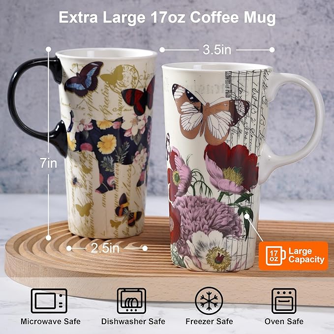Topadorn Set of 2 17oz Ceramic Travel Mugs with Lids, Vintage Butterfly & Floral Coffee Cup Set, Spill Resistant Microwave & Dishwasher Safe Mug Set