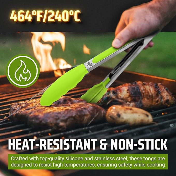 Kaluns Kitchen Tongs for Cooking Grilling Set of 4, BBQ Grill Tongs With Silicone Tip Stainless Steel Heat Resistant, Non-stick Pull Lock, Incl 7, 9, 12 Inch Tong Plus a Silicone Spatula
