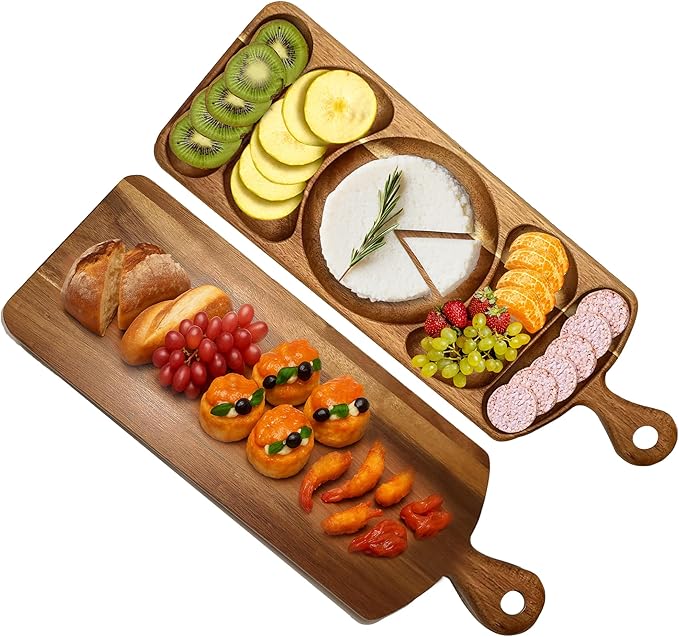Reversible Acacia Wood Serving Platter with Handle – Premium Wooden Tray for Charcuterie, Crackers, Cheese, Fruit, Veggies, Appetizers & Snacks – Party Serving Tray & Travel Charcuterie Board