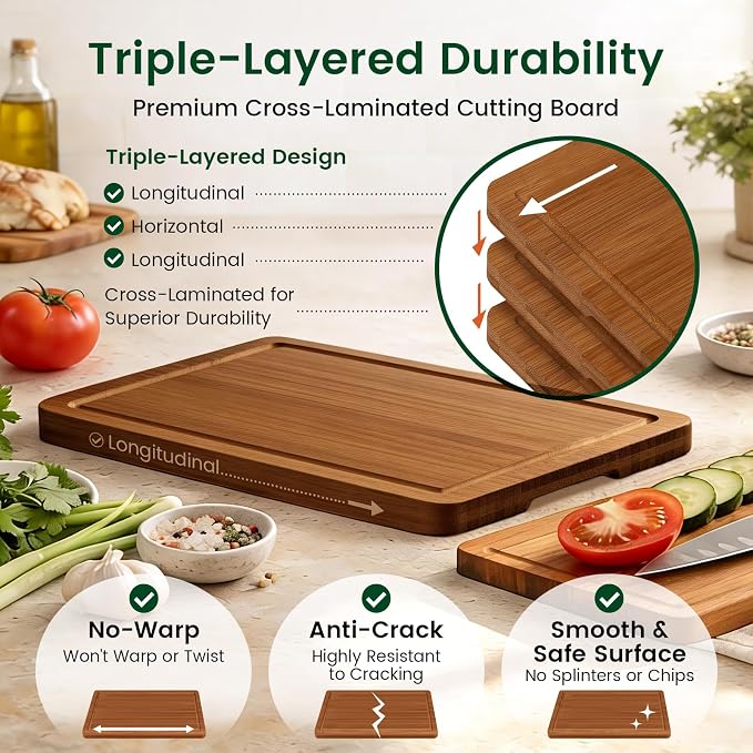 Bamboo Cutting Board Set of 3 with Holder for Compact Kitchens & Apartments | Deep juice grooves, non-slip feet and upright storage for faster drying. Great for fruit, vegetables and everyday meal prep.