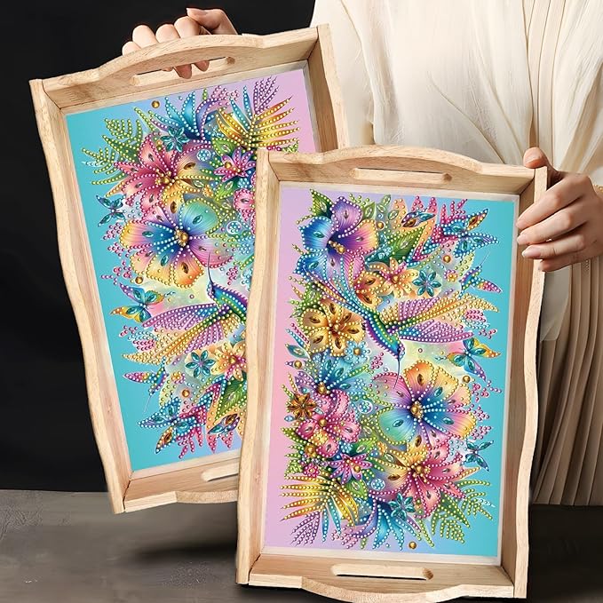 BAYUNOE DIY Diamond Serving Tray Rectangular Breakfast Tray with Handle Handmade Diamond Art Painting Wooden Tray Spring Creative Dinner Plate Coffee Room Living Home Organizer-Hummingbird