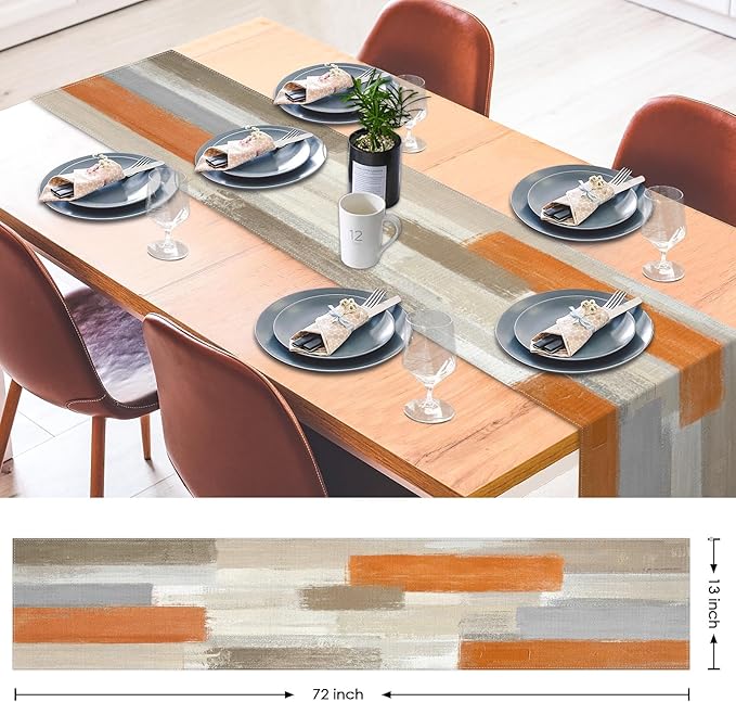 Emvency Farmhouse Table Runner, Modern Orange and White Abstract Art Painting for Kitchen Coffee Table Family Dinners Holiday Parties Wedding Events Decor(13x72 inch)