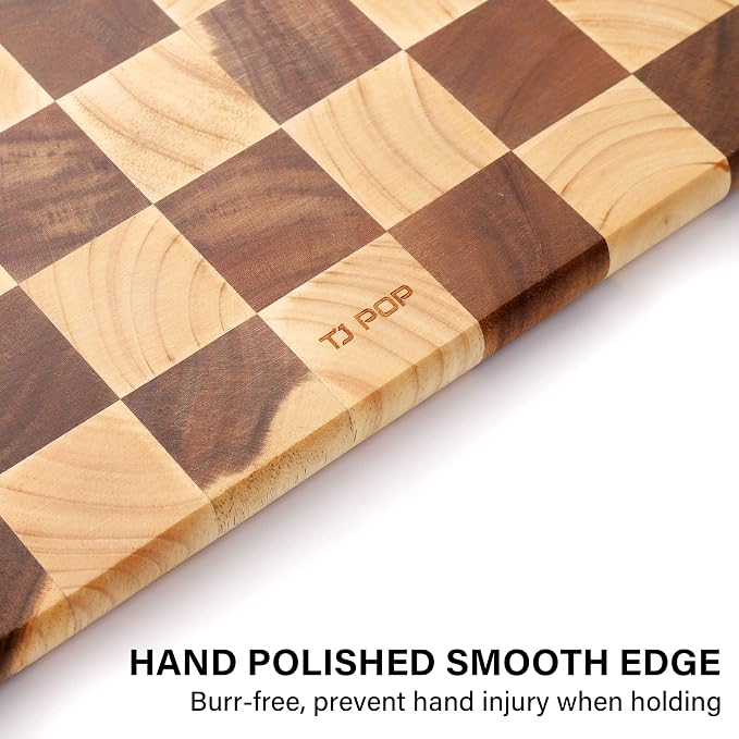 TJ POP End Grain Cutting Board - Heavy Duty Acacia/Rubber Wood For Kitchen, Flippable Serving Board For Meat, Bread & Fruits, Rectangle, 14.5 x 10 x 0.8 Inch
