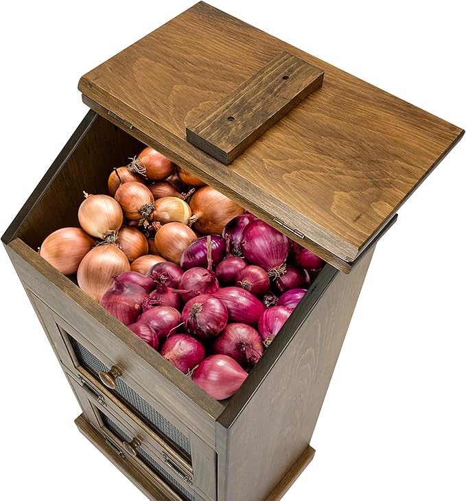 Peaceful Classics Potato Storage Wood Box, Wooden Bread Bins, Decorative and Onion Bin, Bin w/ Grocery Section, Vegetable Lid for Kitchen Pantry, Special Walnut, KS302SW