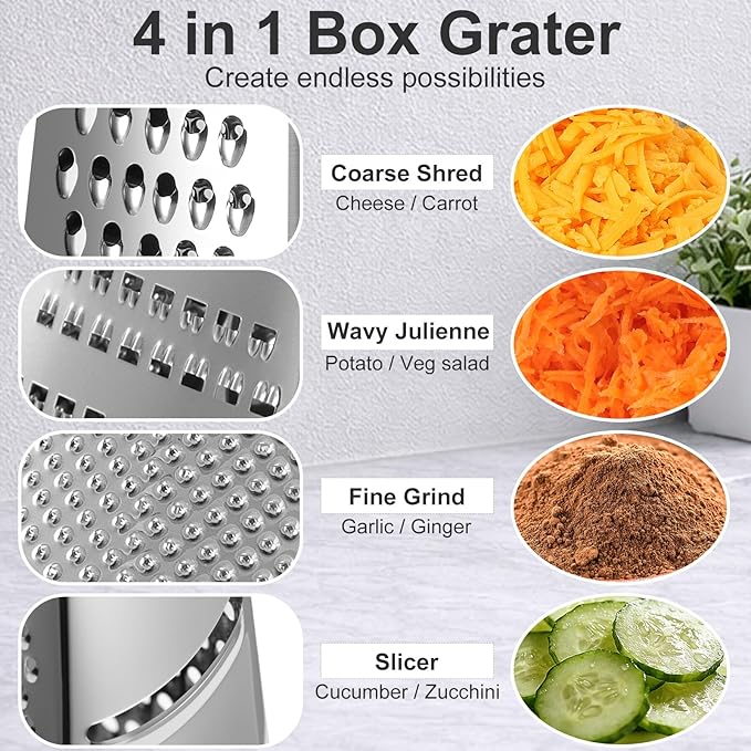 Ourokhome Cheese Grater, Handheld Box Grater with Container & Lid, 4-Sided Stainless Steel for Kitchen, Wavy Julienne, Slicer, Coarse Shred & Fine Zester, Non-Slip Base, Dishwasher Safe, 8 Inch