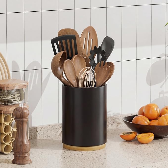 ZUJJAFY Black Utensil Holder, 360° Rotating Kitchen Utensil Holder for Counter, 7.2" Large Cooking Utensil Crock for Countertop, Bamboo Utensils Organizer for Cooking Spatula Storage