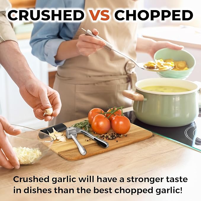 Zulay Kitchen Large Premium Garlic Press Set - Bigger Bowl for Bigger Garlic - Rust Proof Garlic Mincer Tool - Easy-Squeeze, Easy-Clean Silicone Garlic Peeler & Brush (Chrome)