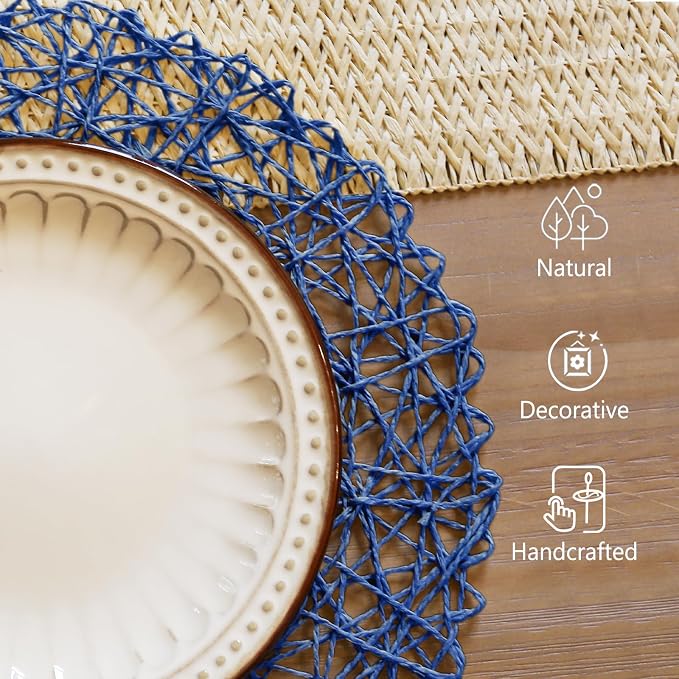 AHHFSMEI Paper Braided Round Placemats Set of 12 Natural Non-Slip Heat Resistant Table Mats for Dining Tables Farmhouse Woven Indoor Outdoor Place mats (Blue,12)