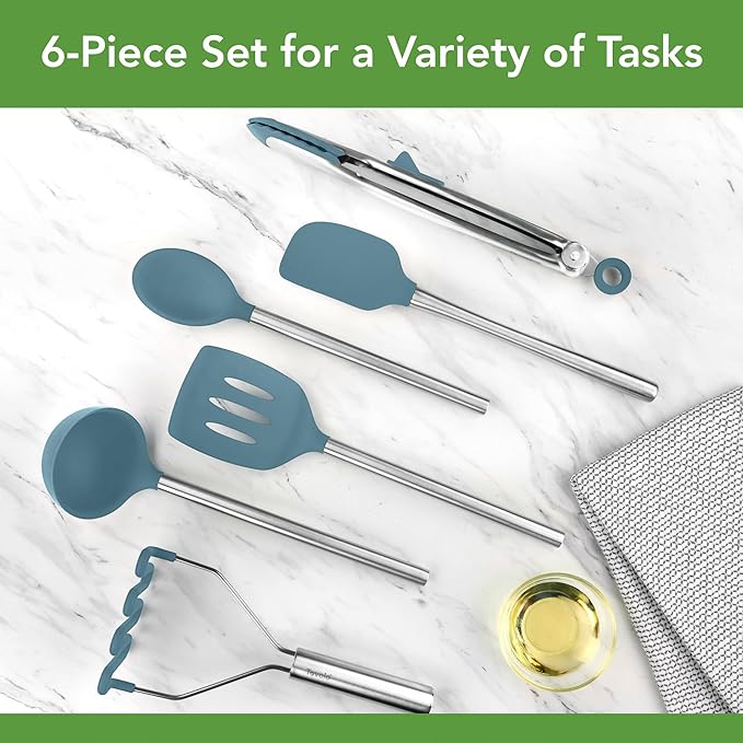 Tovolo Silicone Cooking Utensil Set of 6 Blue Slate Ladle Slotted Turner Tongs Flex Core Spatula Scraper Mixing Spoon and Potato Masher, Dishwasher Safe BPA Free Silicone Kitchen Utensils